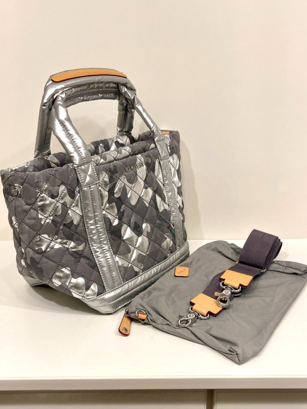 MZ Wallace Small Empire Tote | Silver Metallic Camo | Crossbody Strap + Pouch - Picture 4 of 9